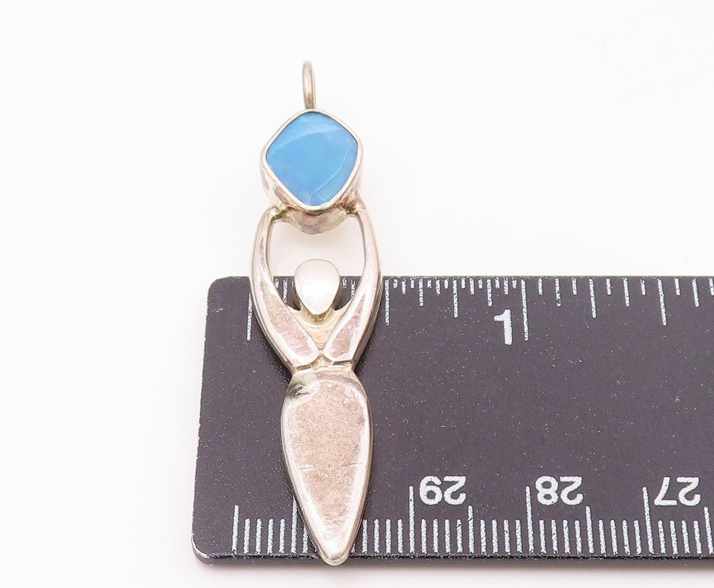 925 Silver Vintage Human Figure Holding Turquoise Glass Pendant PT21179
