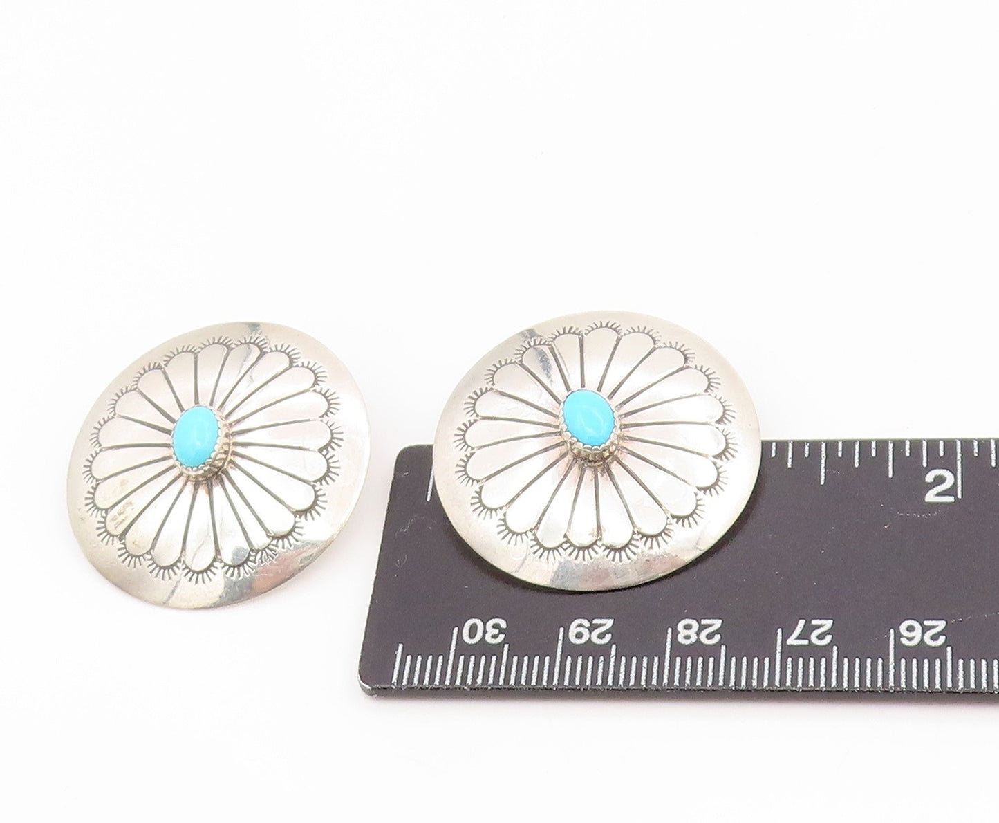 925 Sterling Silver Vintage Earrings NAVAJO Turquoise Etched Conchos EG13964