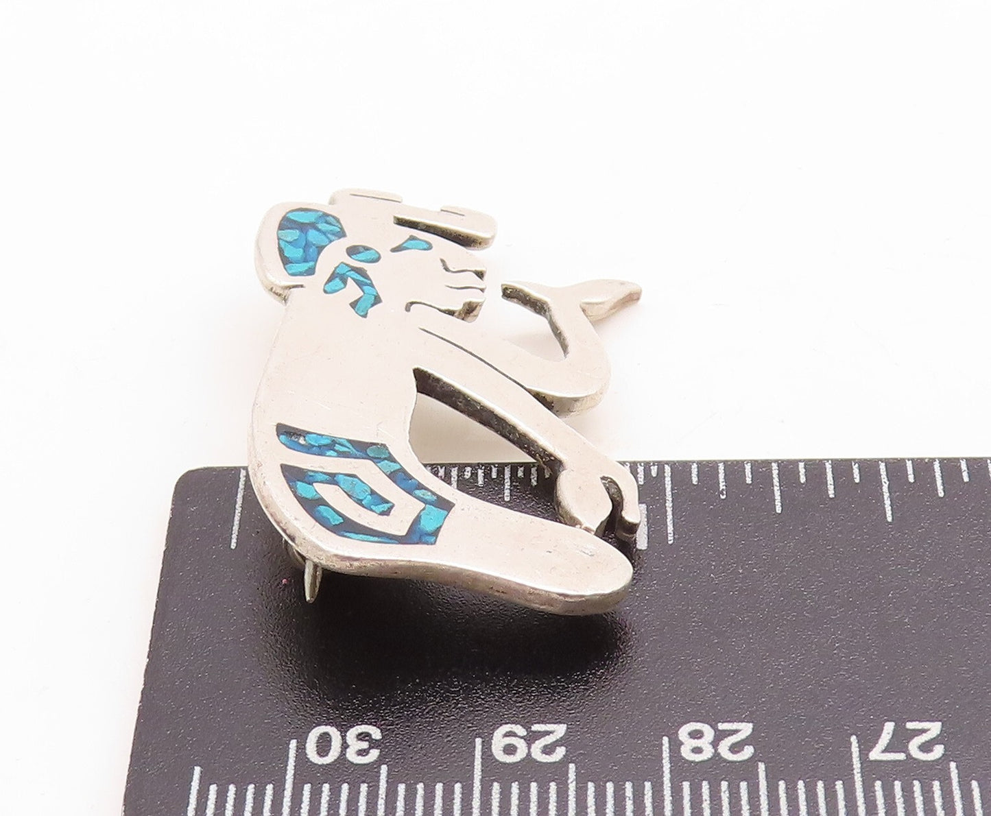 925 Sterling Silver Vintage Brooch Pin Crushed Turquoise Tribal Man BP11427
