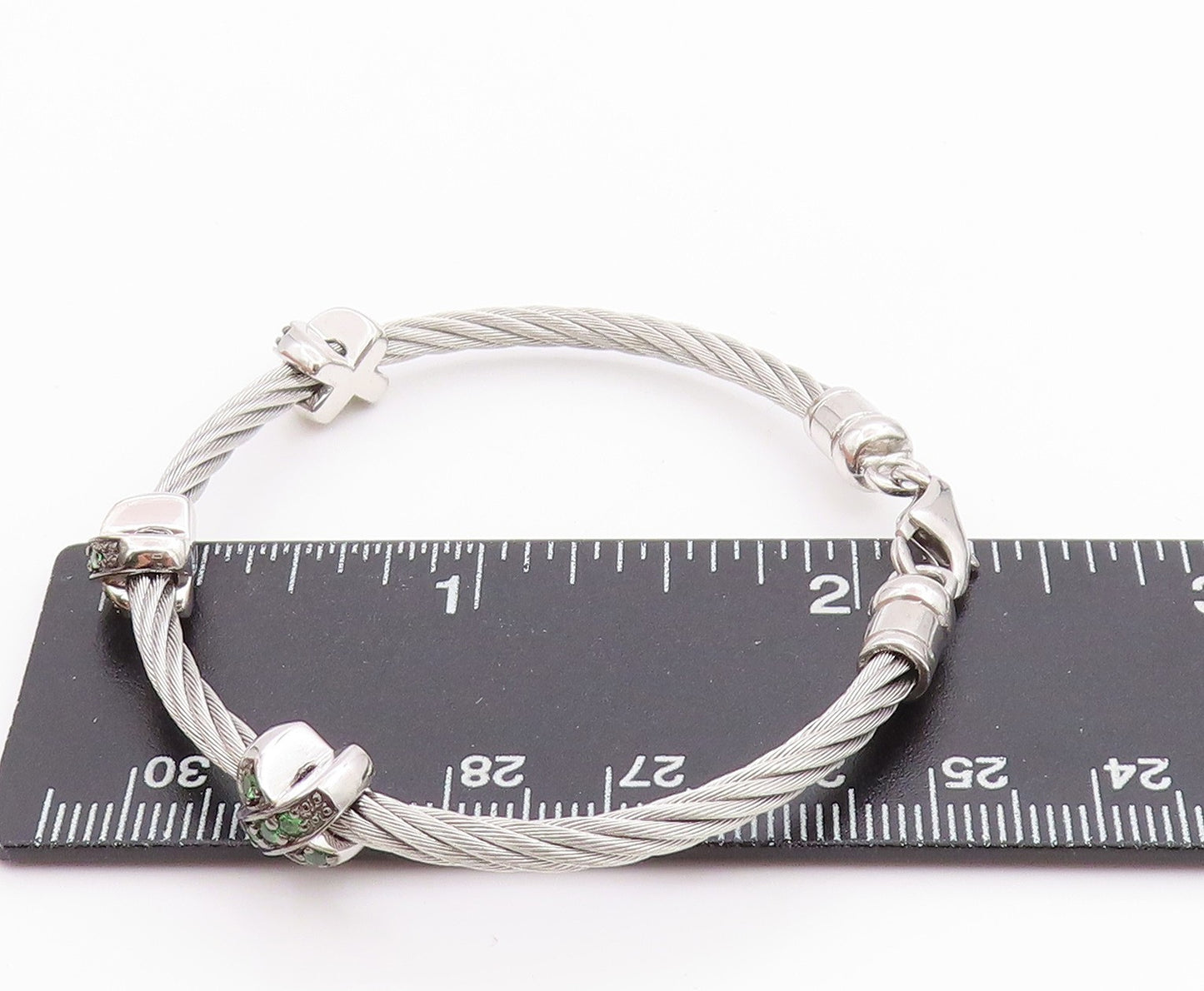 925 Sterling Silver Vintage Bracelet Roped Green CZ Inlay X Bangle BT11300