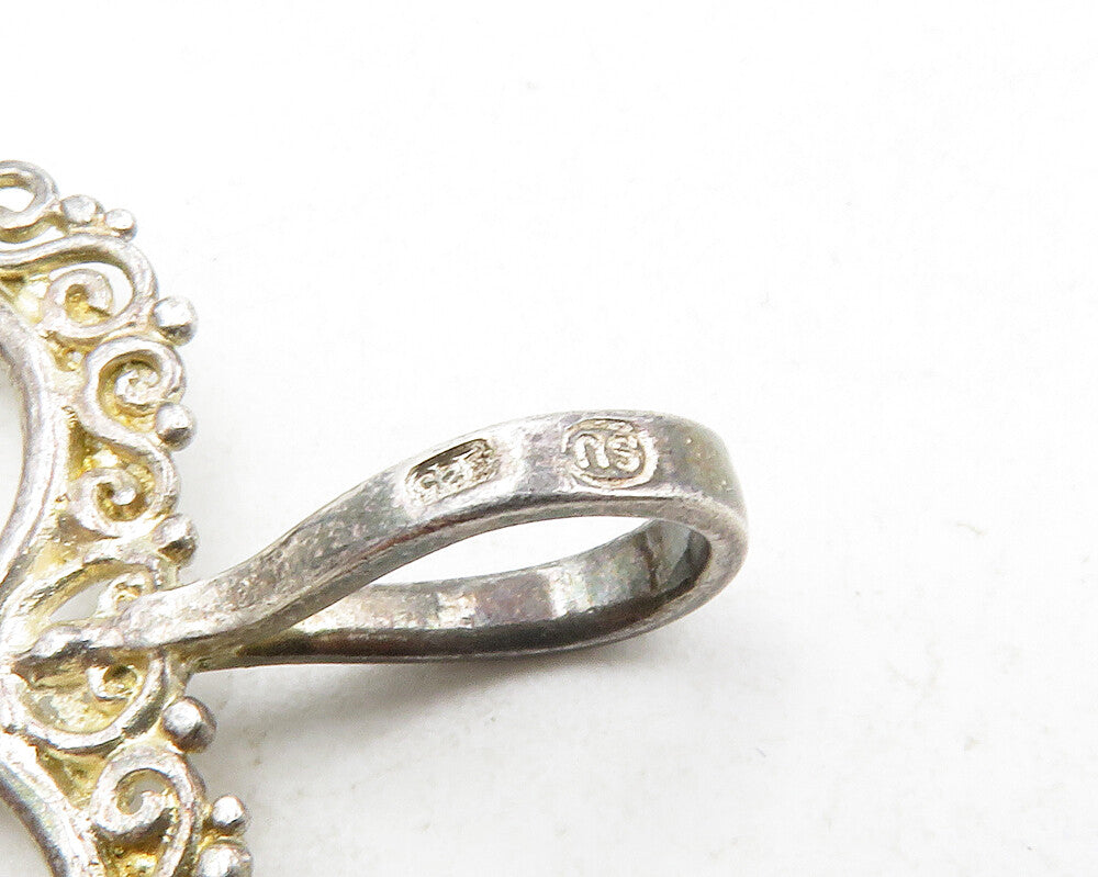 925 Sterling Silver Vintage Open Love Heart Swirl Border Pendant PT9846