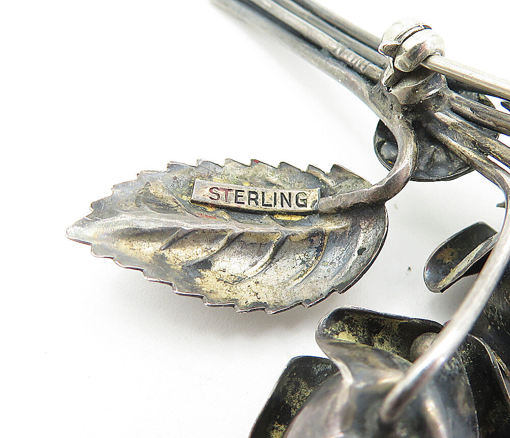 925 Sterling Silver Vintage Oxidized Sculpted Flower Bunch Brooch Pin BP1728
