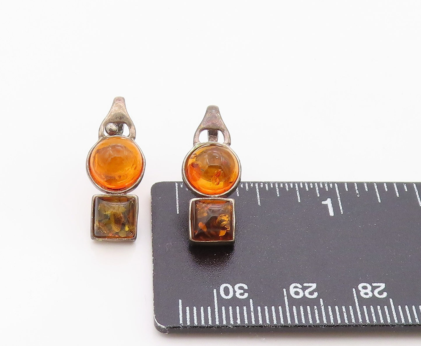 925 Sterling Silver Vintage Earrings Bold Cabochon Amber Geometric Drop EG14367