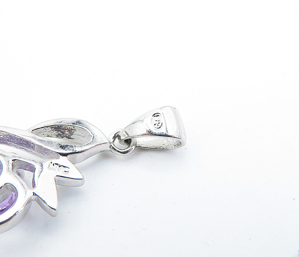 925 Sterling Silver Amethyst Shiny Petite Floral Leaf Design Pendant PT2766
