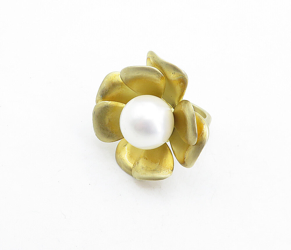 925 Sterling Silver Vintage Pearl Sculpted Flower Cocktail Ring Sz 6 RG5642