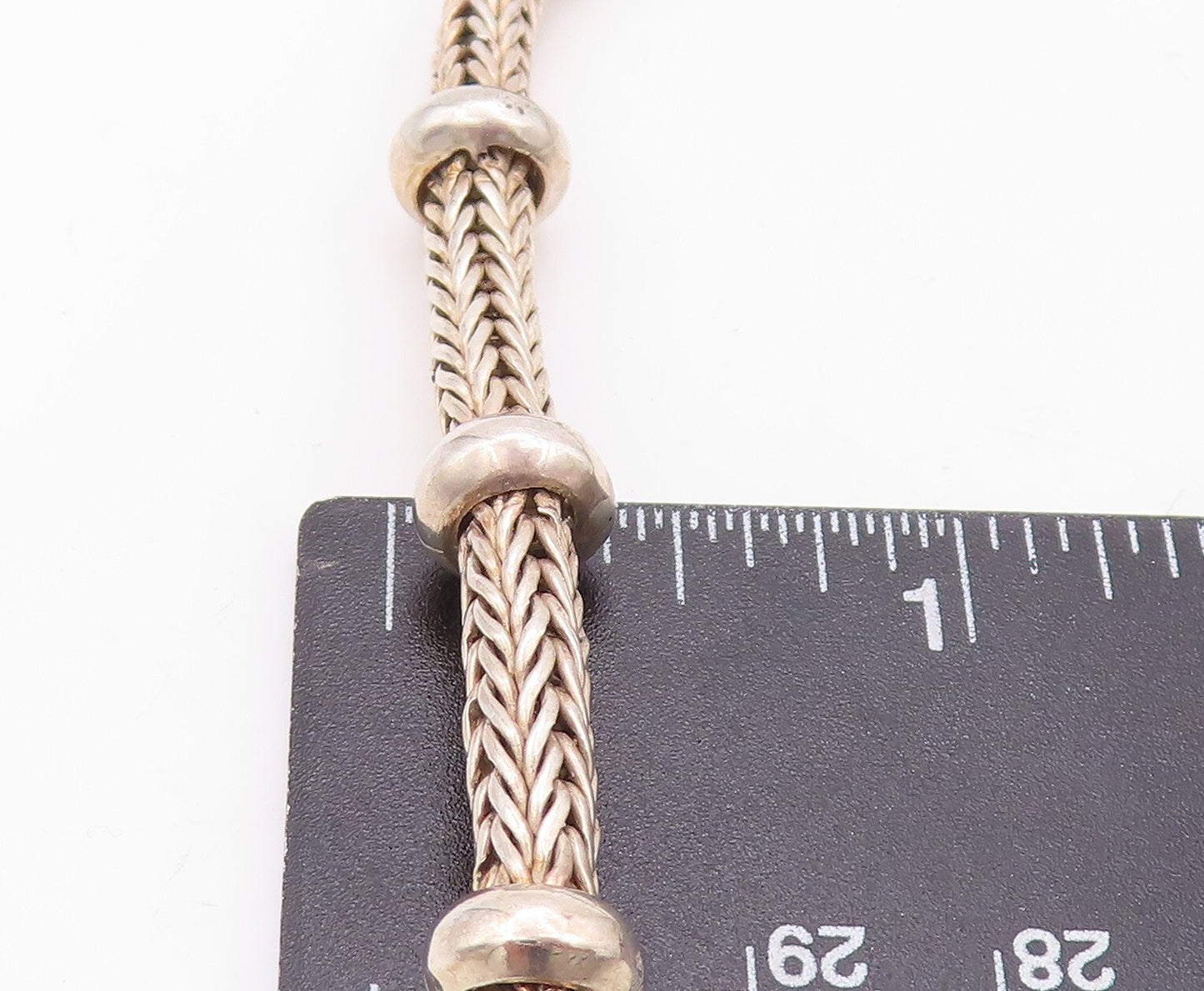 925 Sterling Silver Vintage Necklace BALI Carved Wheat Chain Beaded Rings NE4359