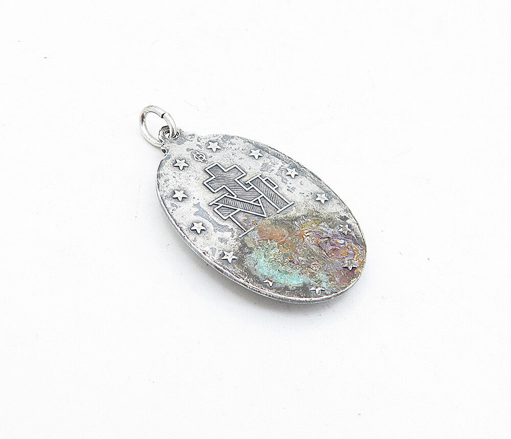 925 Sterling Silver Vintage Virgin Mary Religious Prayer Drop Pendant PT3411