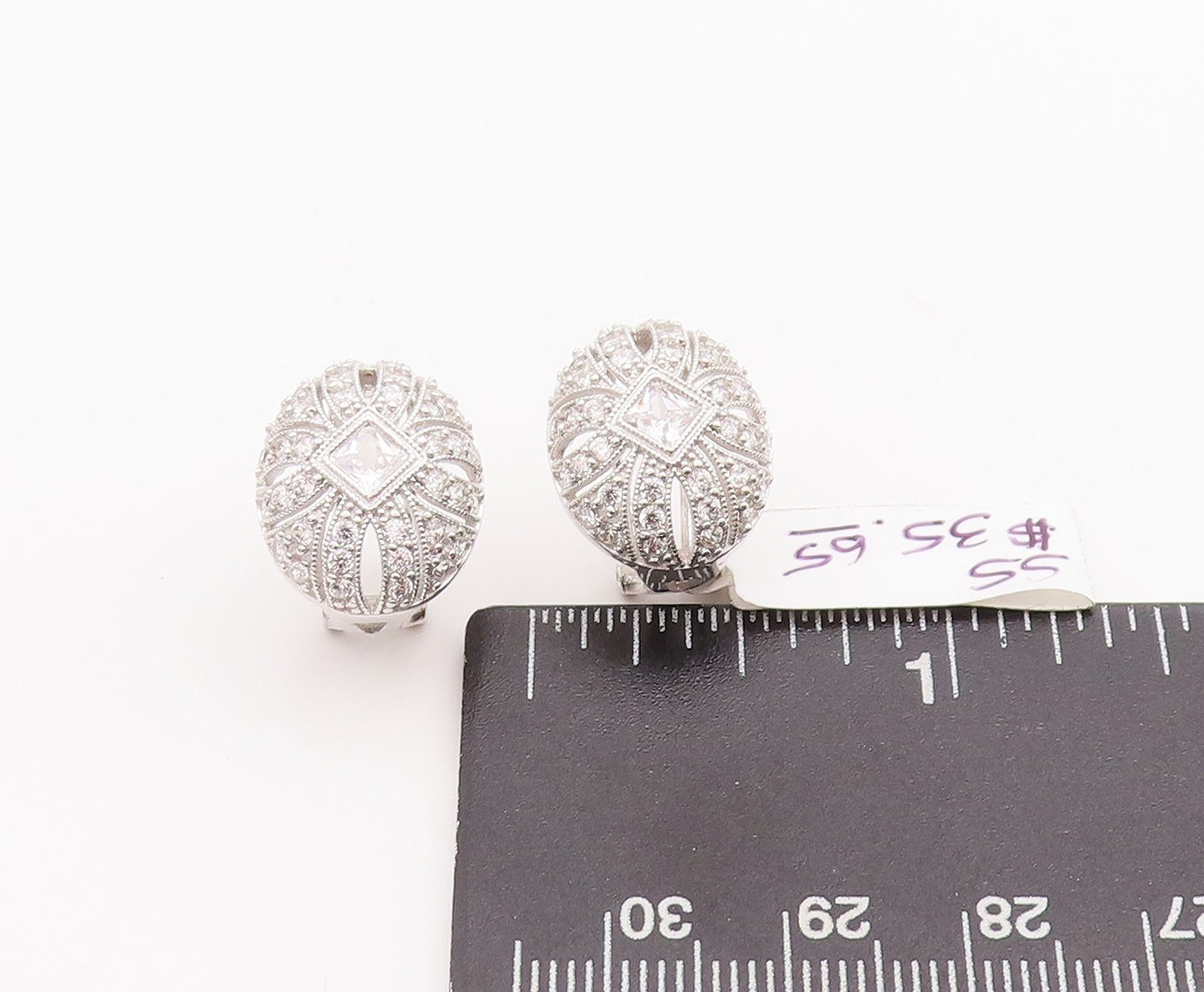 925 Sterling Silver Vintage Earrings Cutout Inlay Square Maine Stone CZ EG12903