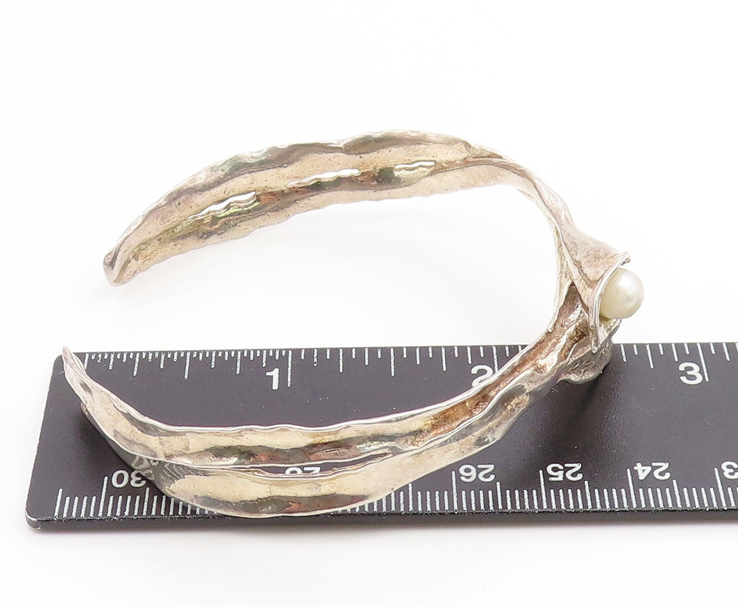 925 Sterling Silver Vintage Bracelet ISRAEL Pearl & Leaf Brutalist Cuff BT11897
