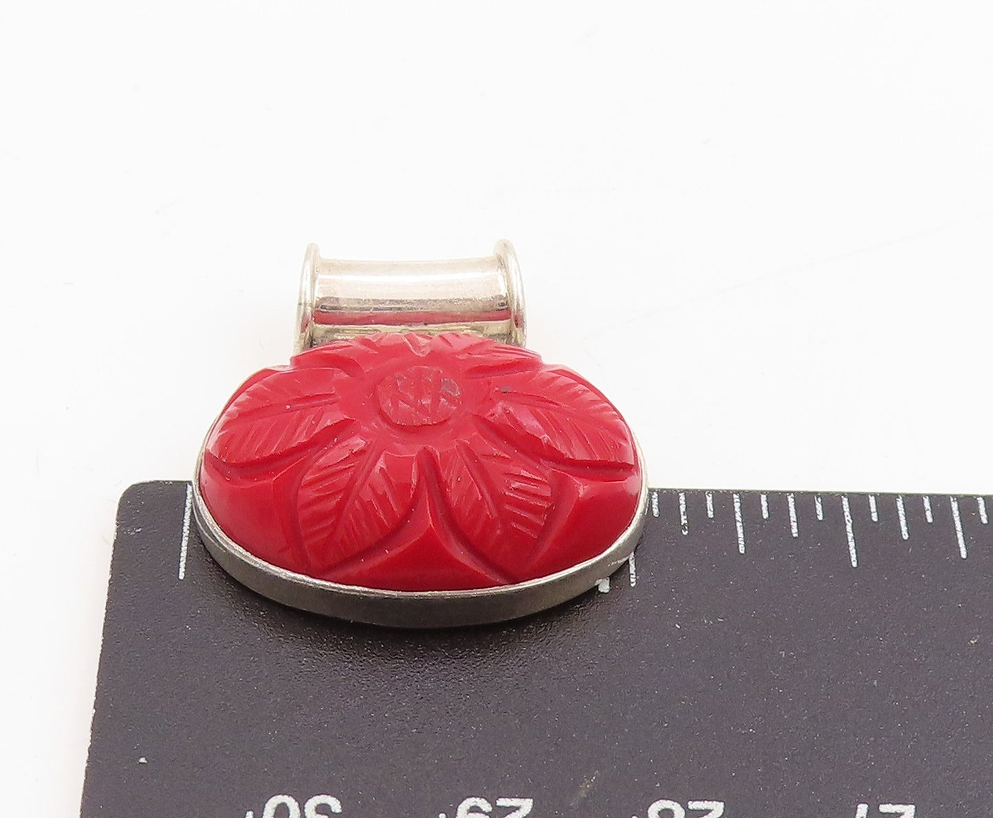 925 Sterling Silver Vintage Pendant Modernist Carved Floral Petal Charm PT25325