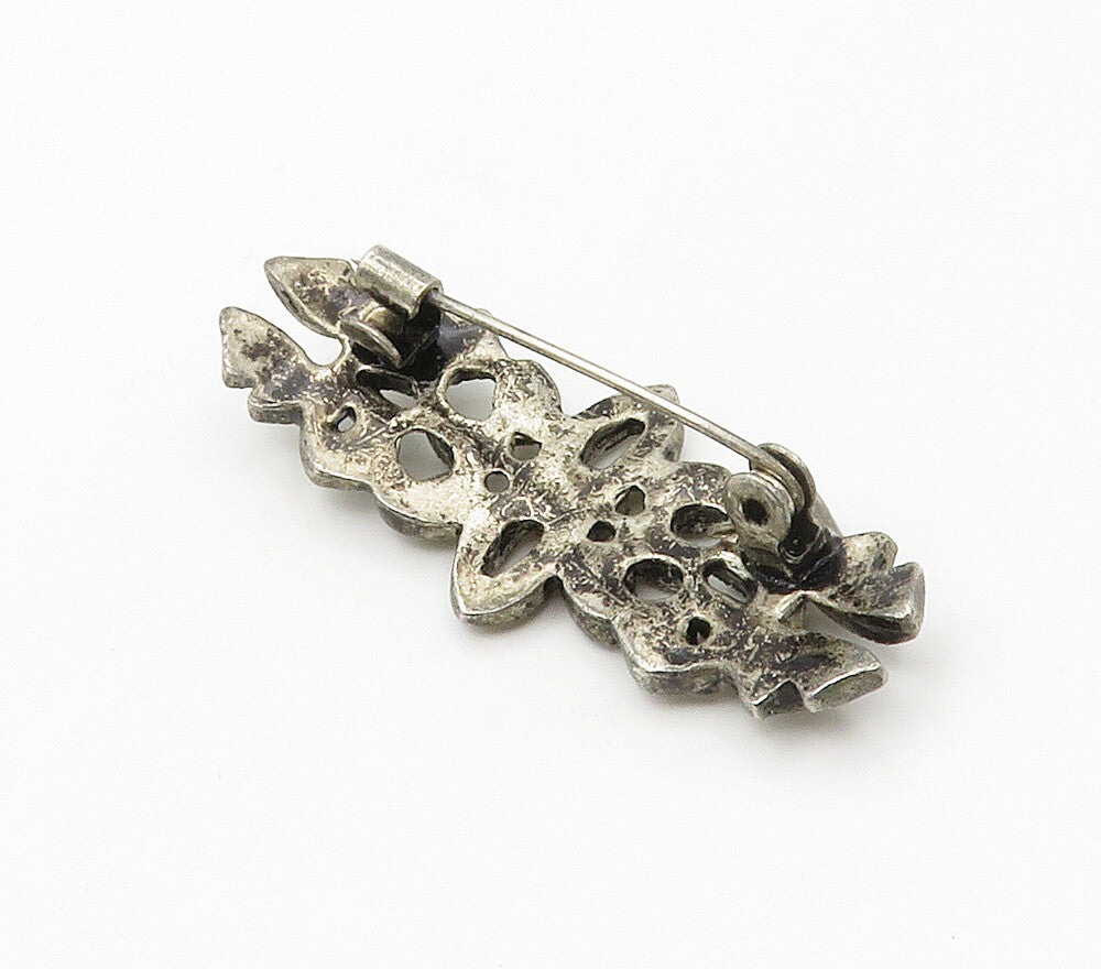 925 Sterling Silver Vintage Shiny Hematite Floral Design Brooch Pin BP5971