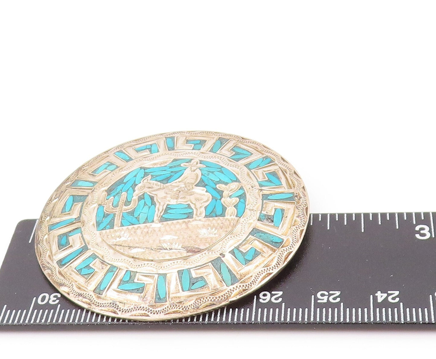 925 Sterling Silver Vintage Brooch MEXICO Crushed Turquoise Landscape BP11541