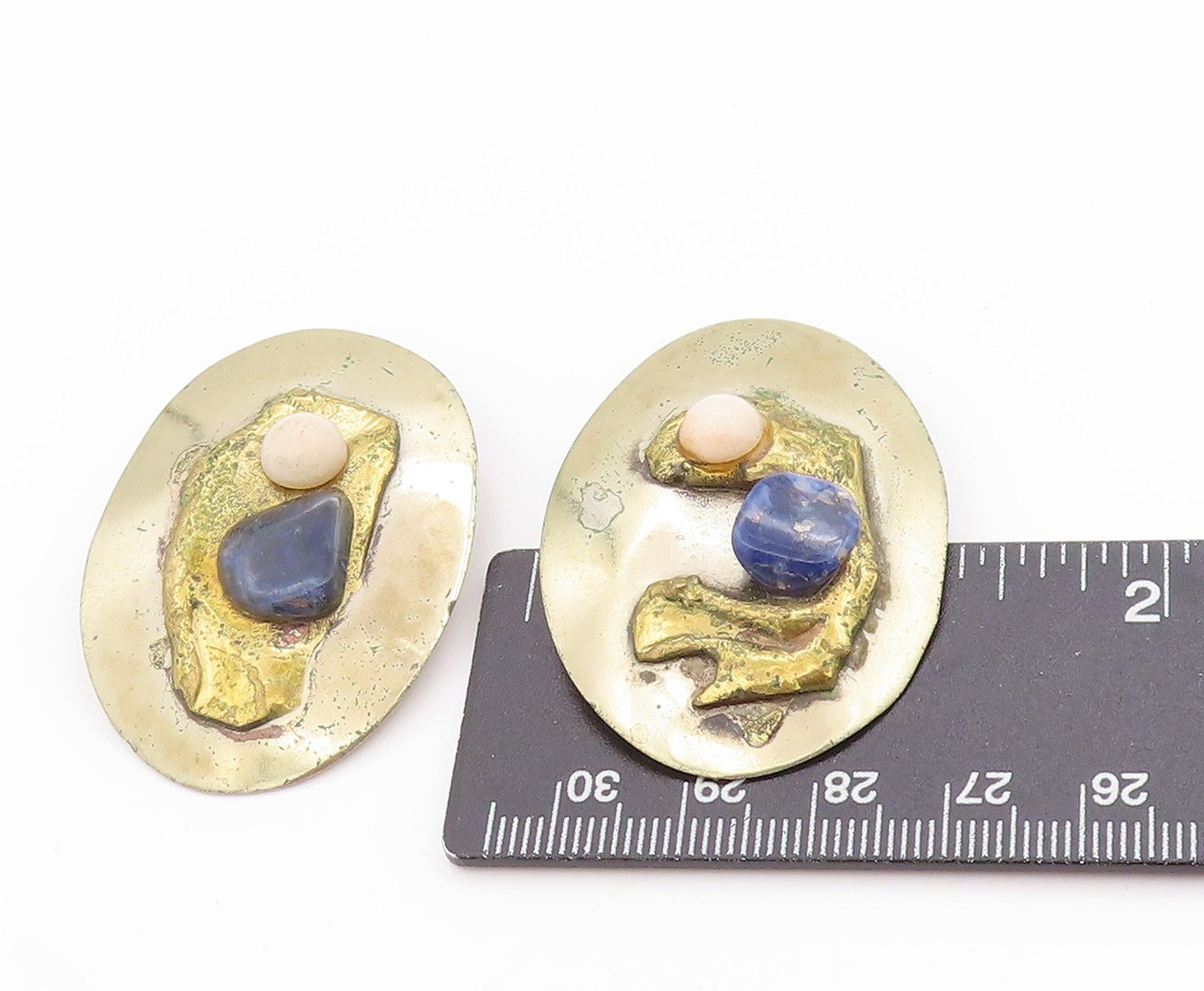 925 Sterling Silver Vintage Earrings Modernist Multi Gemstone Brutalist EG13682
