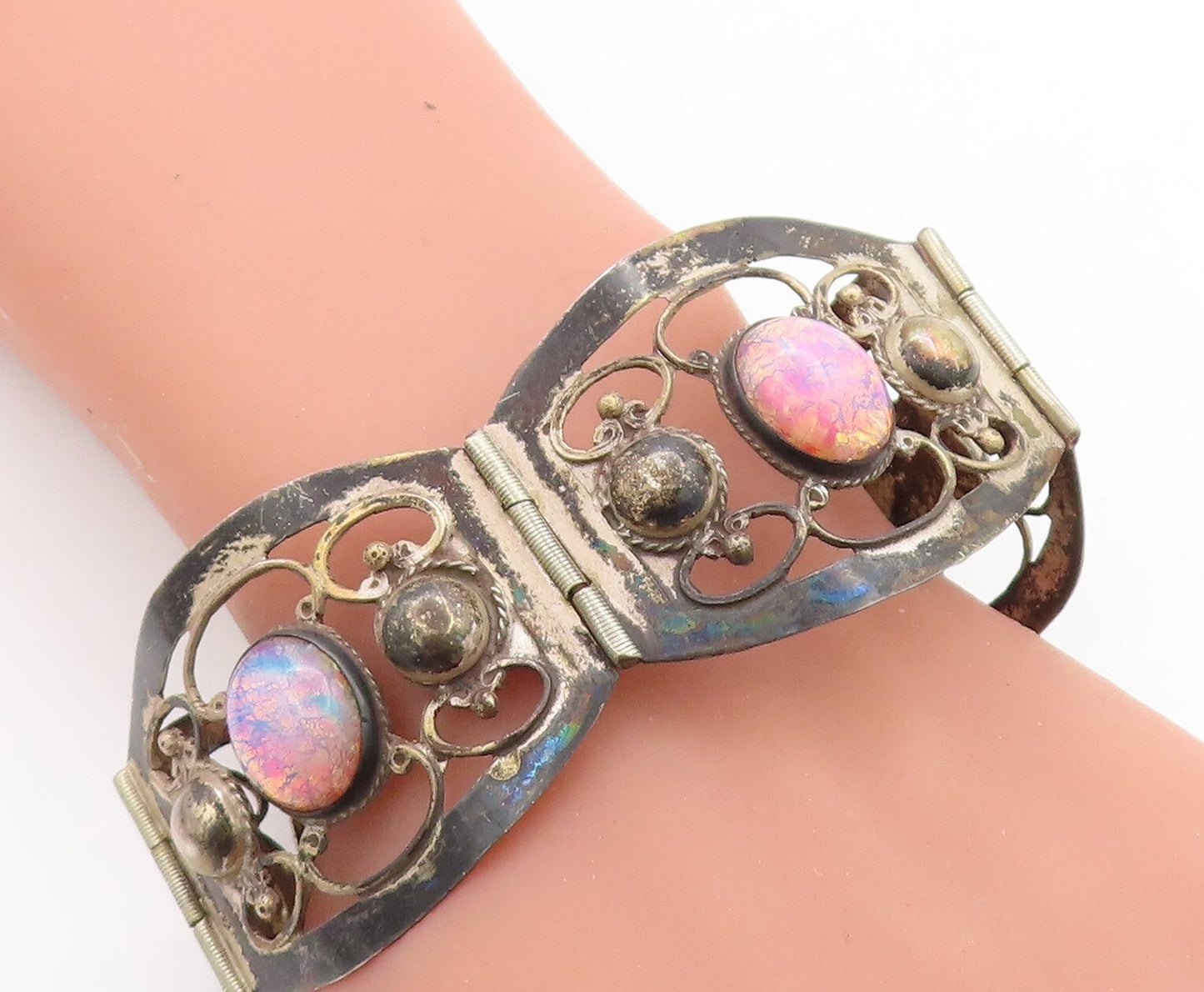 MEXICO 925 Sterling Silver Vintage Dragon's Breath Glass Chain Bracelet BT1893