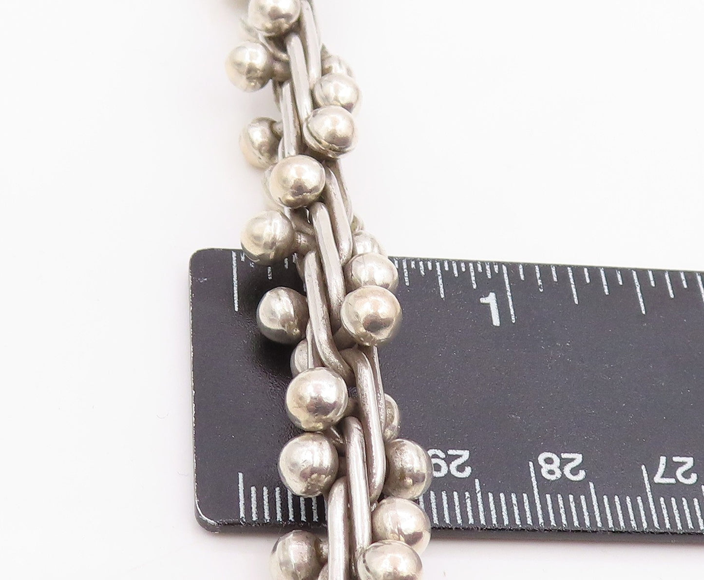 925 Sterling Silver Vintage Bracelet Modernist Twisted Bar & Ball Chain BT11958