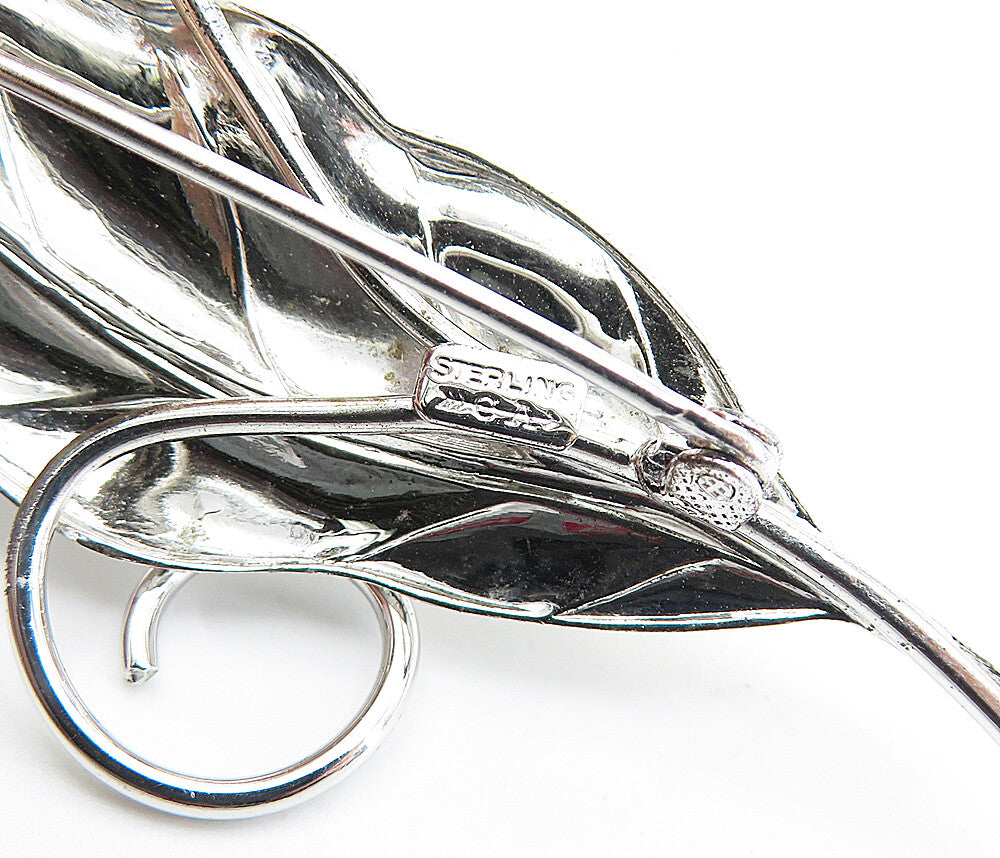 CARL ART 925 Silver Vintage Petite Pearls Shiny Floral Leaf Brooch Pin BP2418