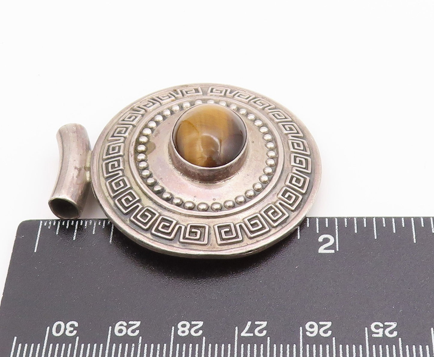 925 Sterling Silver Vintage Pendant Tiger's Eye Greek Key Heavy Design PT24843