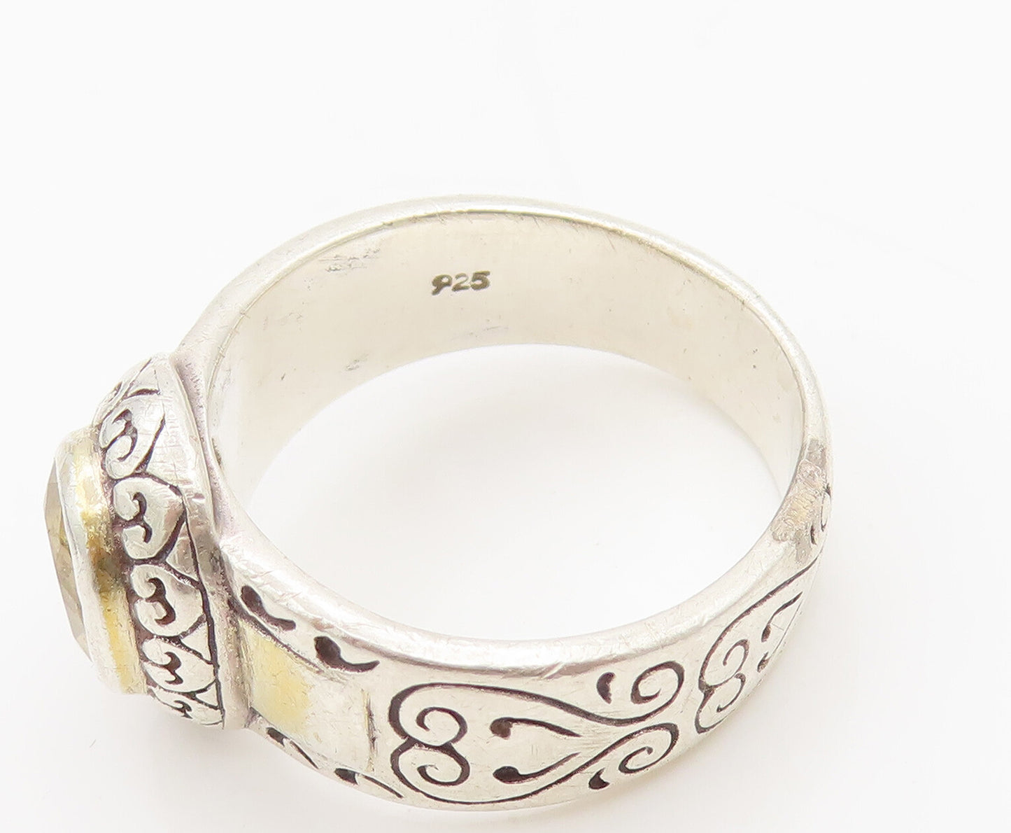 KAMELEON 925 Silver Vintage Etched Swirls Citrine Solid Ring Sz 7.5 RG26903