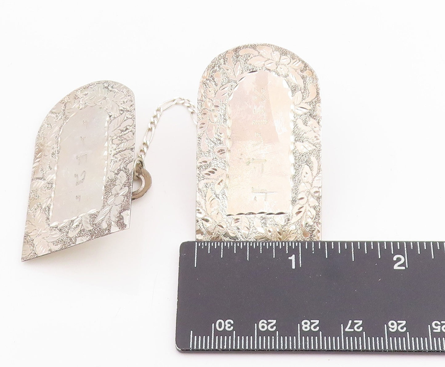925 Sterling Silver Vintage Sweater Clips Floral Etched 10 Commandments TR4042