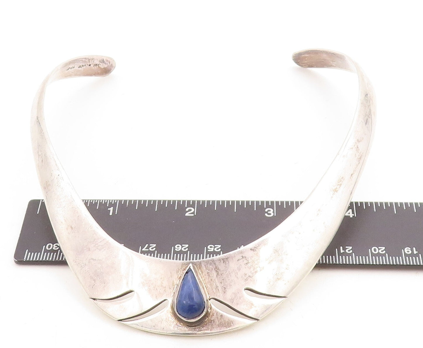 MEXICO 925 Sterling Silver Vintage Lapis Lazuli Cutout Collar Necklace NE1897