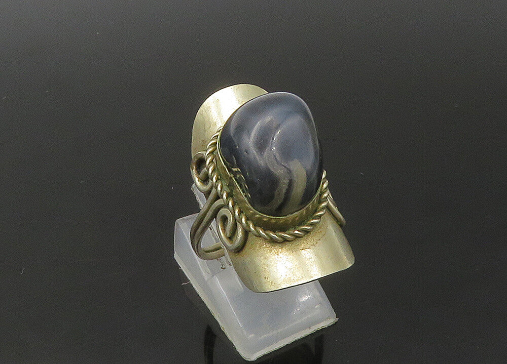 925 Sterling Silver Vintage Agate Adjustable Cocktail Ring Sz 9 RG22463