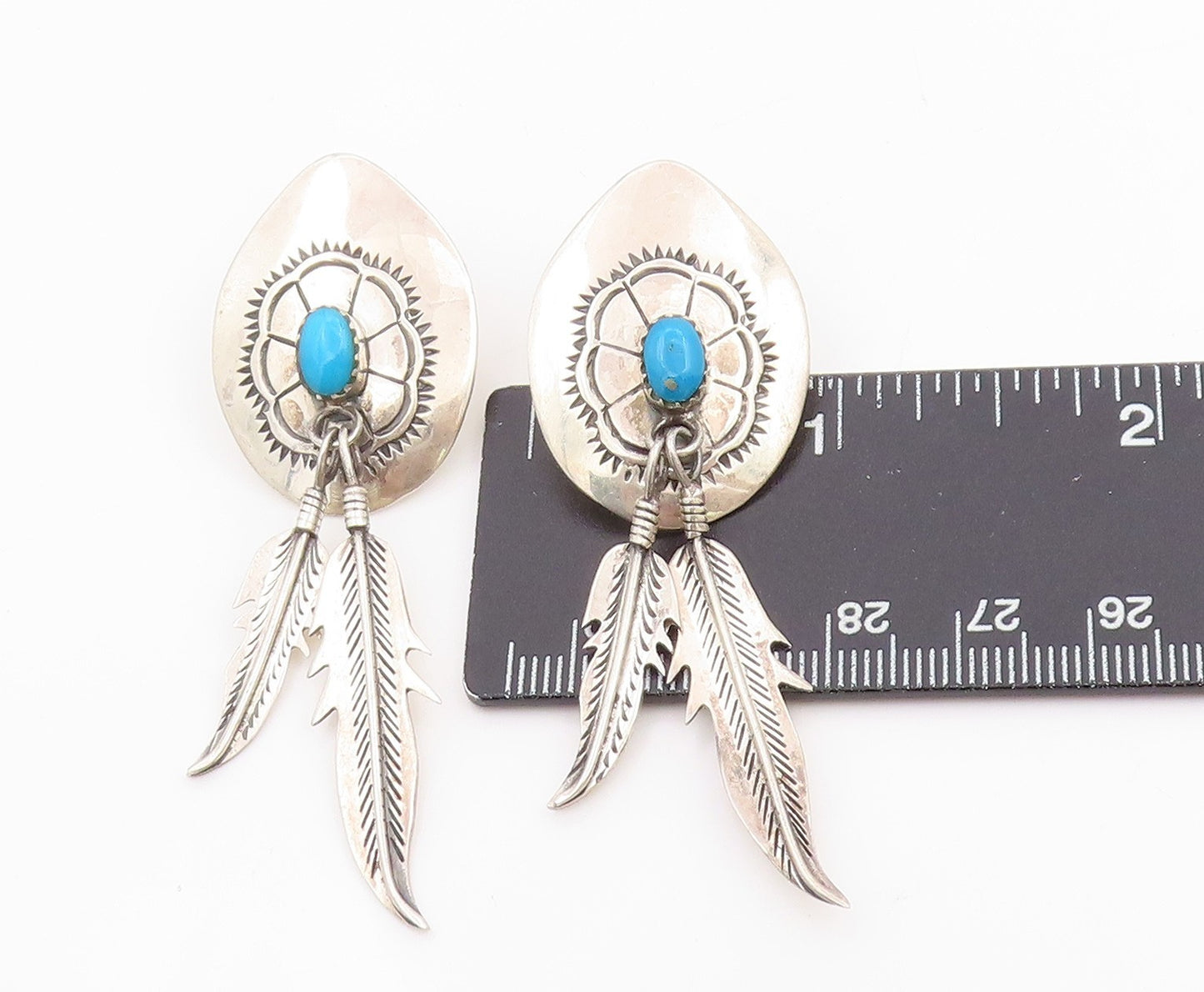 925 Sterling Silver Vintage Earrings NAVAJO Turquoise Feather Dangles EG13726