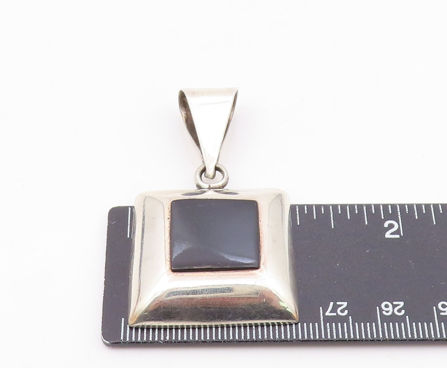 MEXICO 925 Sterling Silver Vintage Black Onyx Square Dome Pendant PT10450