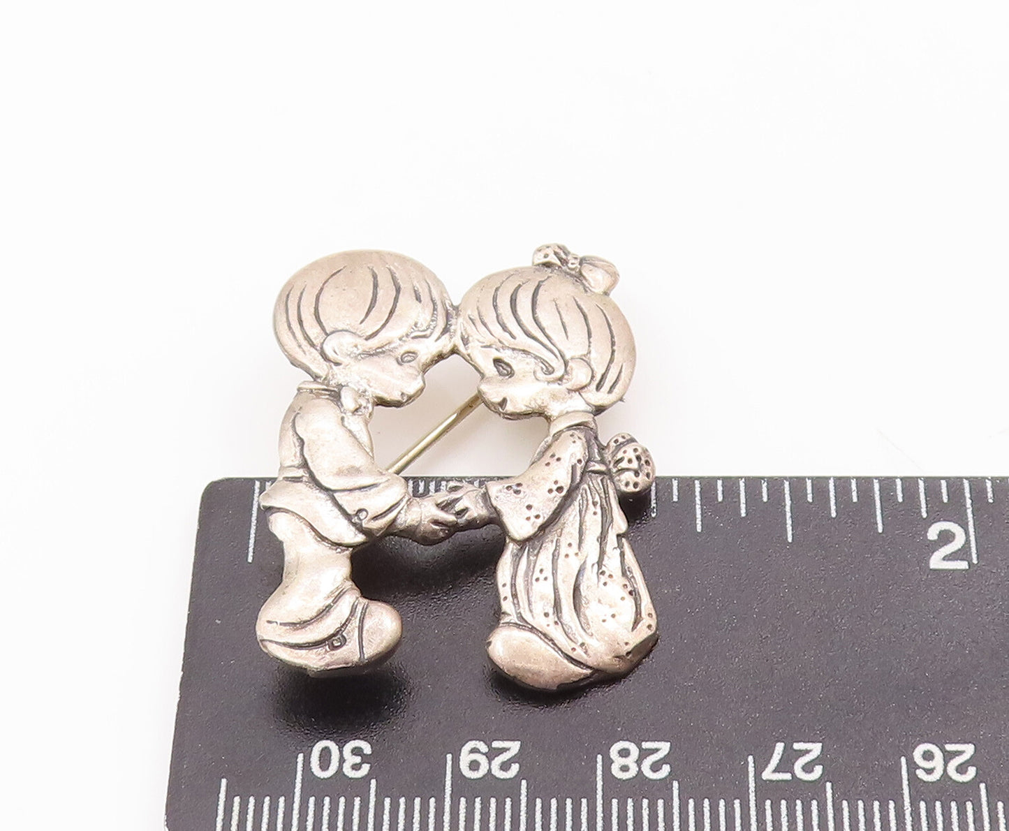 925 Sterling Silver Vintage Brooch Pin PMI Carved Kids Holding Hands BP10960