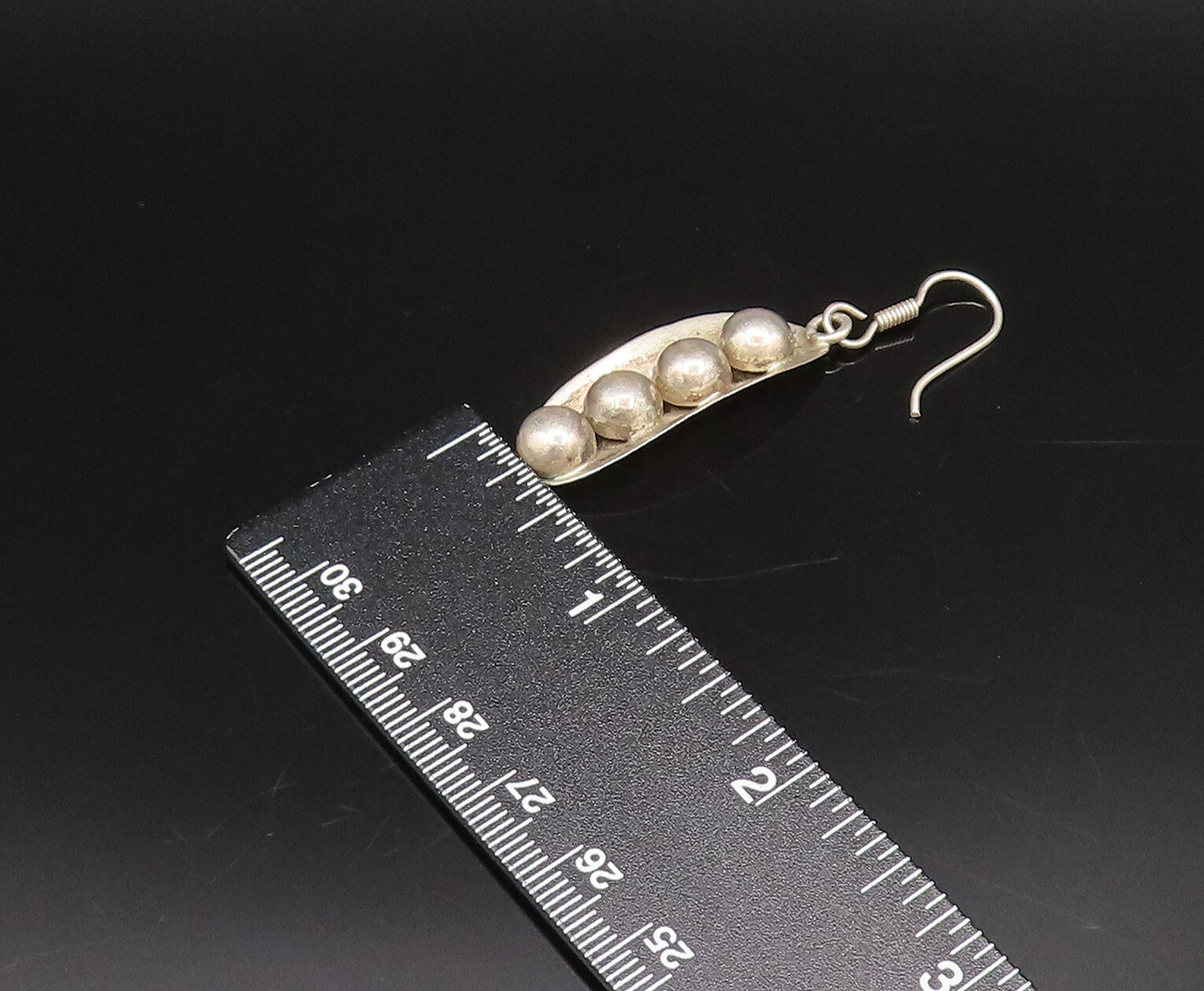 MEXICO 925 Sterling Silver Vintage Four Bead Leaf Ball Dangle Earrings EG12202