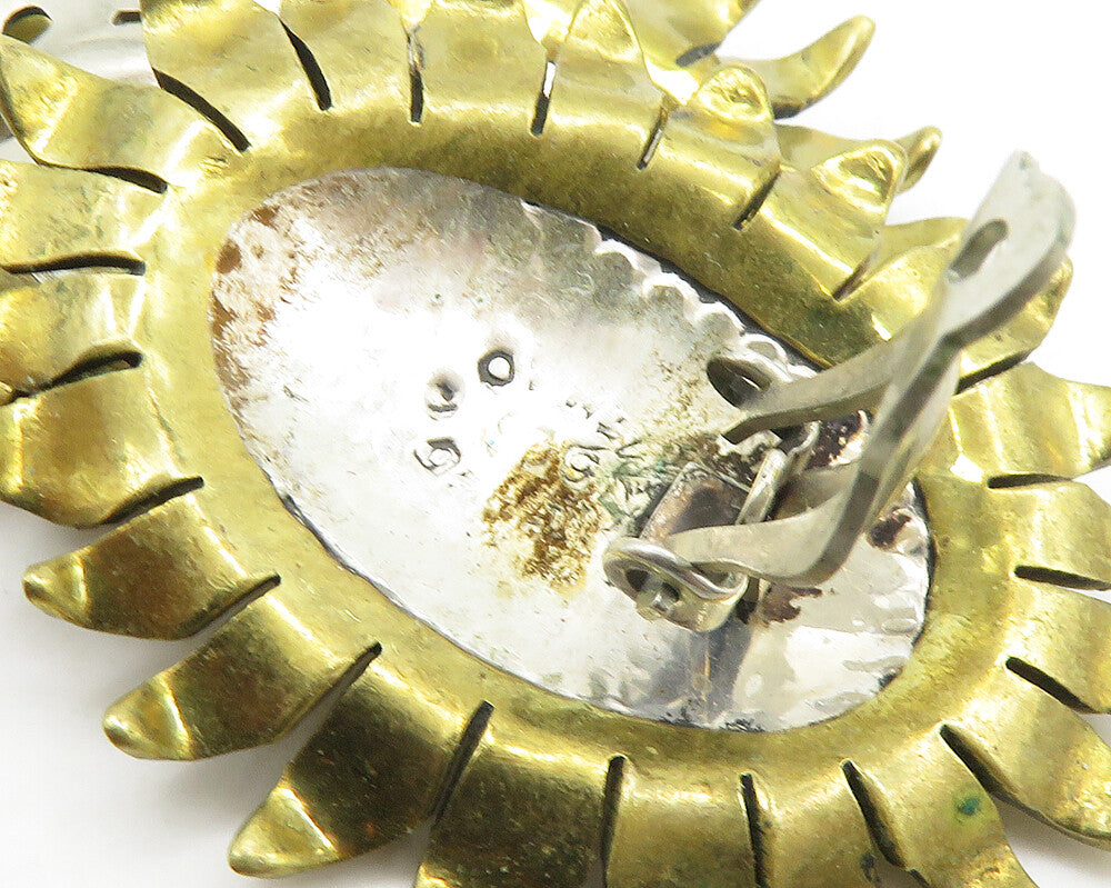 MEXICO 925 Silver Vintage 2 Tone Sunflower Motif Non Pierce Earrings EG9199