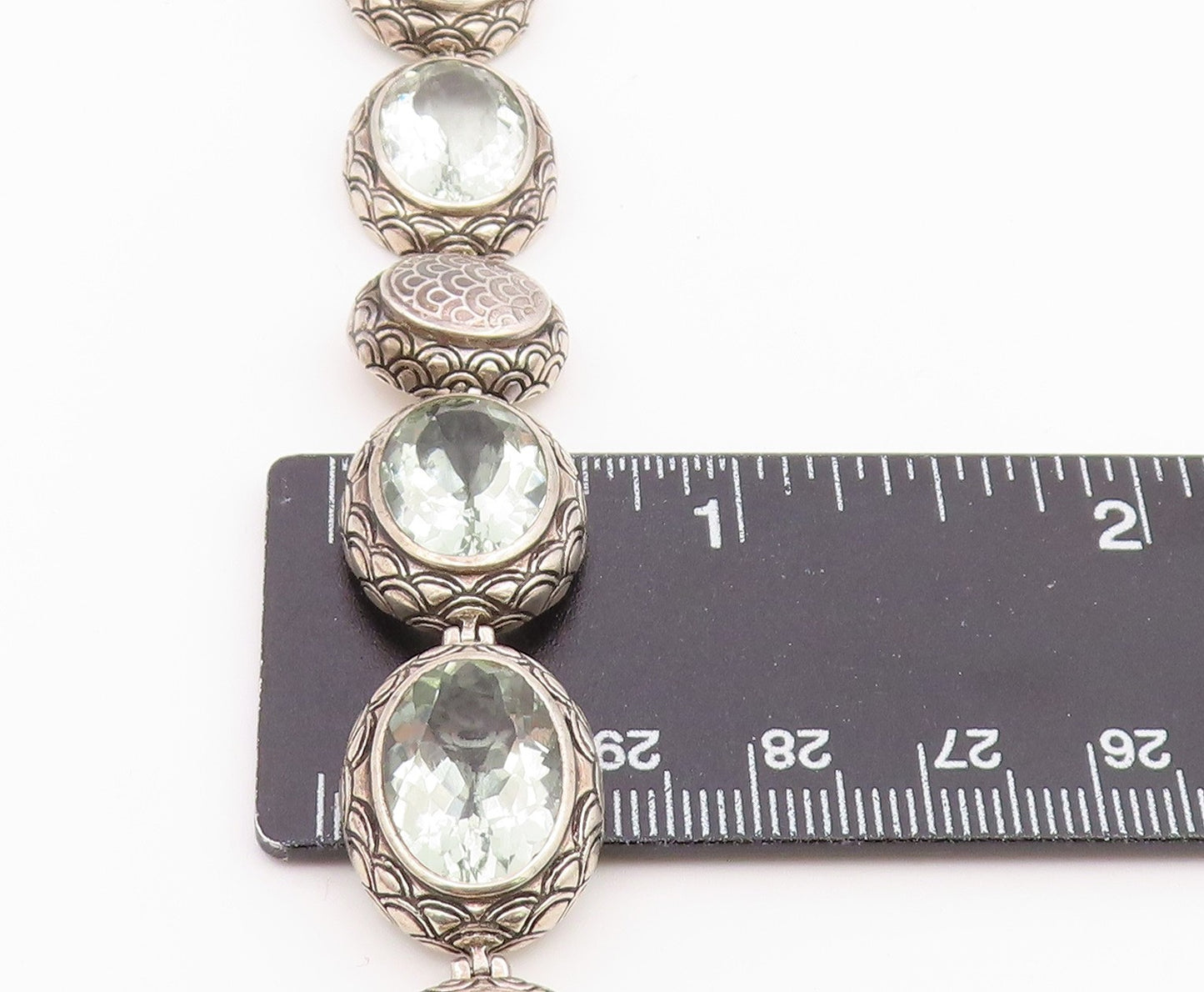 925 Sterling Silver Vintage Bracelet Green Amethyst Etched Oval Link BT12188