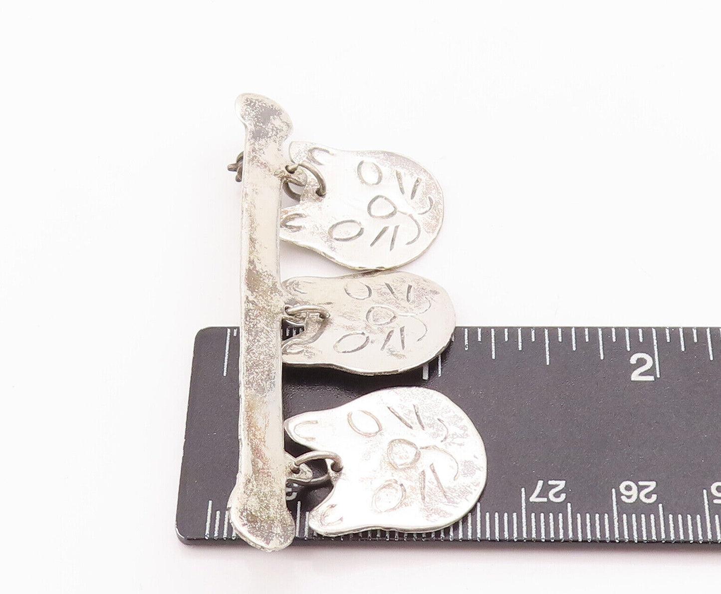925 Sterling Silver Vintage Brooch Pin Solid Etched Dangling Cat Faces BP10876