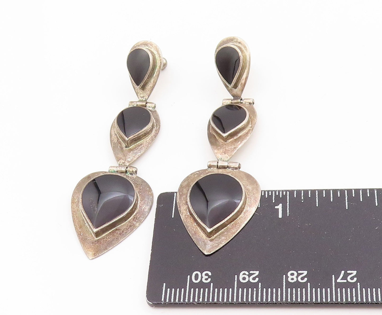 925 Sterling Silver Vintage Earrings Cabochon Black Onyx Teardrop Dangle EG13983