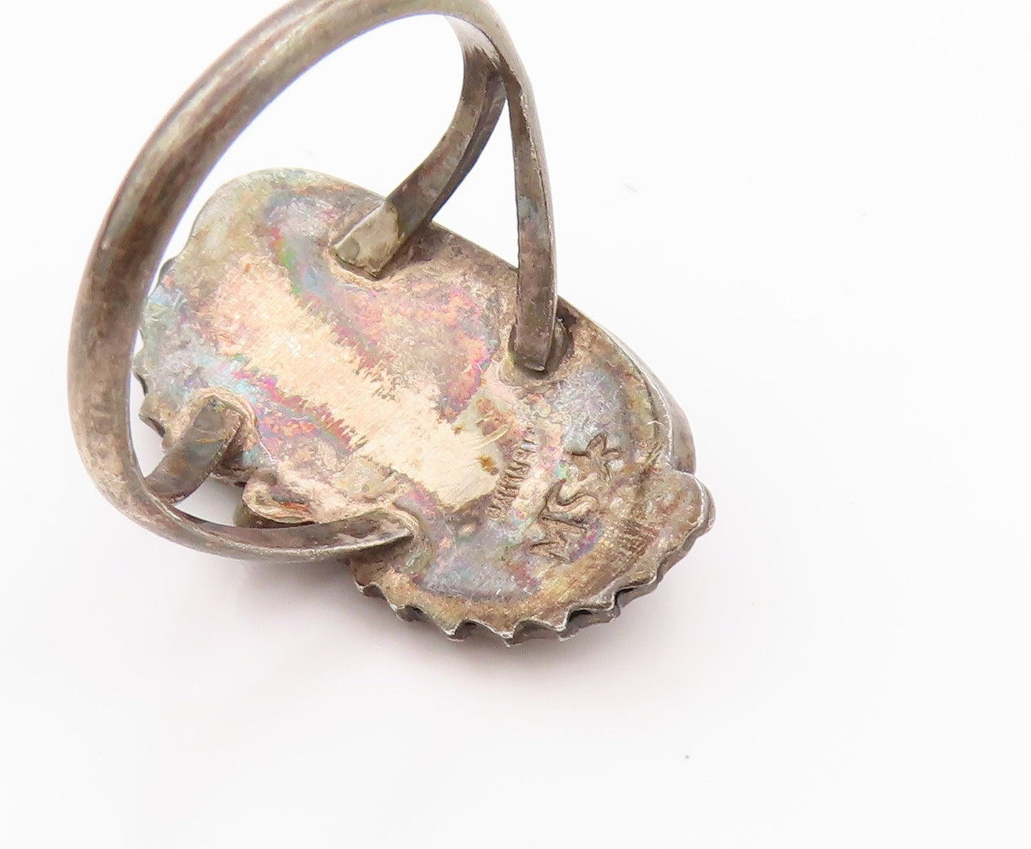 925 Sterling Silver Vintage Ring NAVAJO Wampum Shell & Leaves SZ 5 RG32324