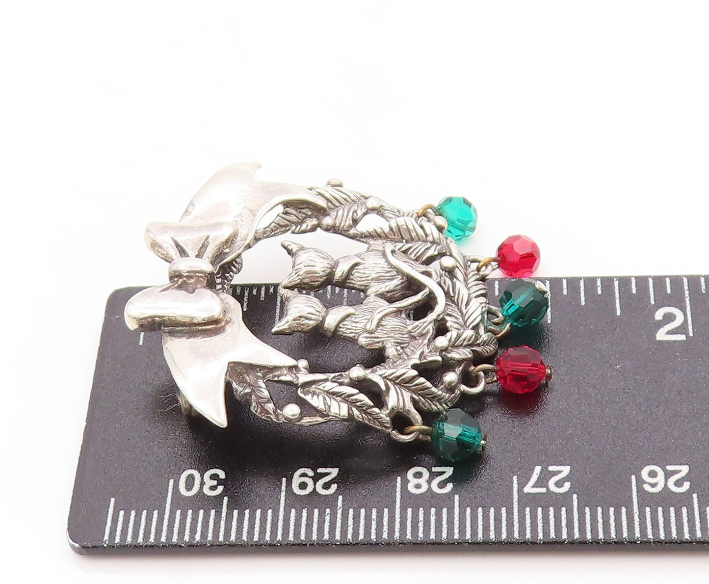 925 Sterling Silver Vintage Brooch Holiday Cat Couple Floral Design Pin BP11875