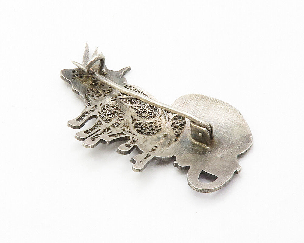 925 Silver Vintage Antique Enamel Filigree Bull Carriage Brooch Pin BP5561