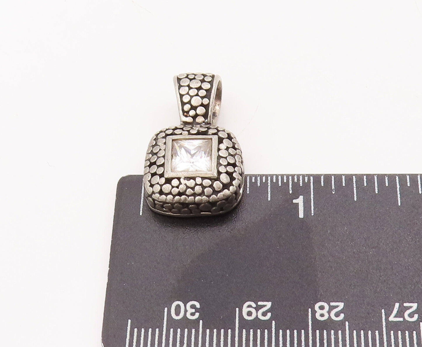 925 Sterling Silver Vintage Pendant Square Cut CZ Pebble Effect Carved PT23093