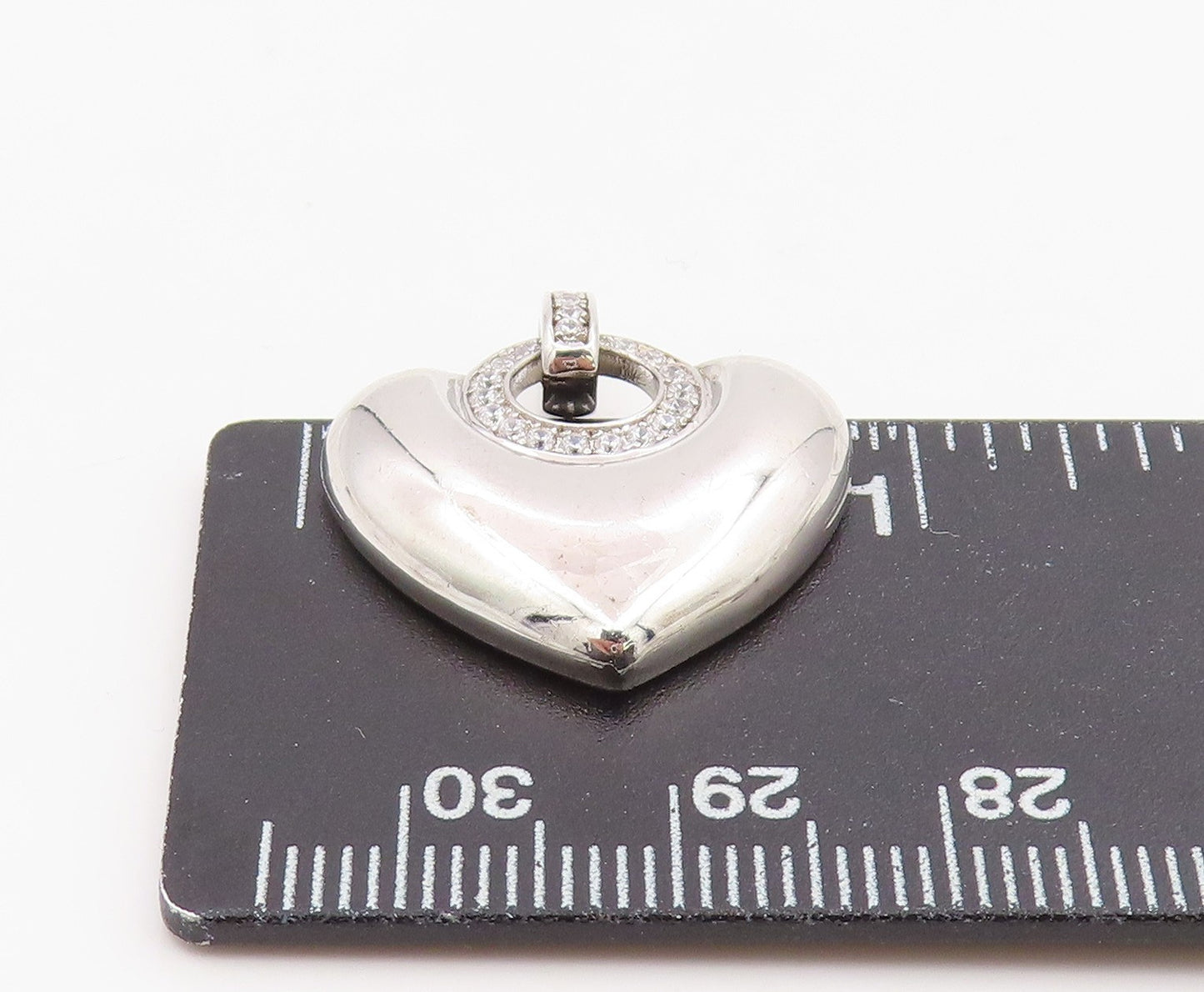 925 Sterling Silver Vintage Pendant Round CZ Modernist Love Heart Charm PT26181