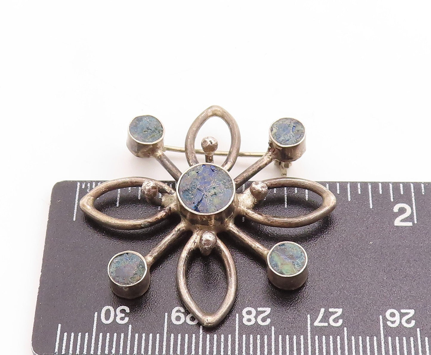 925 Sterling Silver Vintage Brooch Pin Designer Gemstone Cutout Flower BP11422