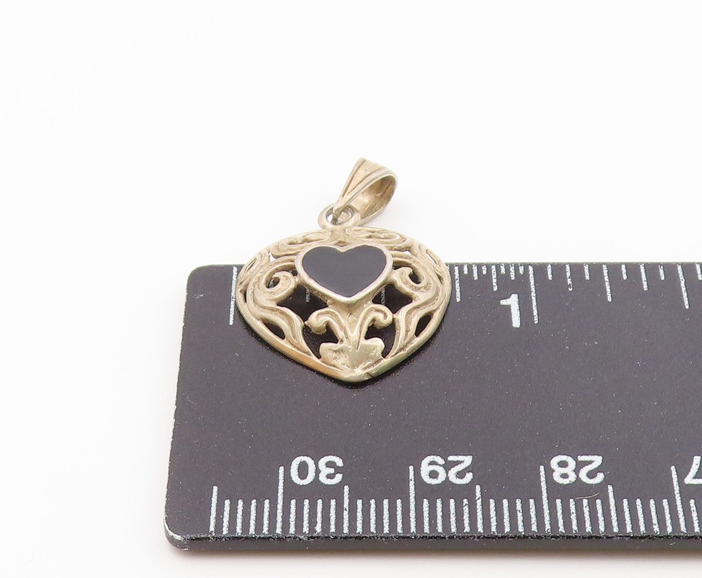 925 Sterling Silver Vintage Black Onyx Love Heart Swirl Dome Pendant PT17581
