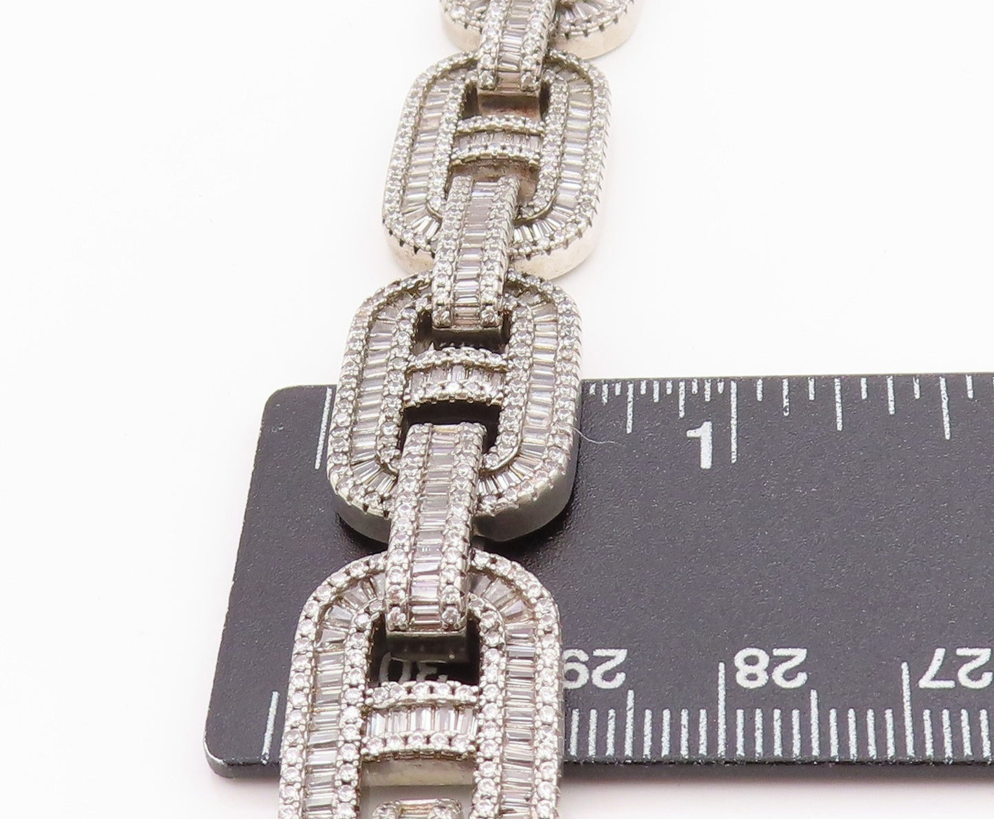 925 Sterling Silver Vintage Bracelet Topaz Baguette Mariner Link Chain BT11305