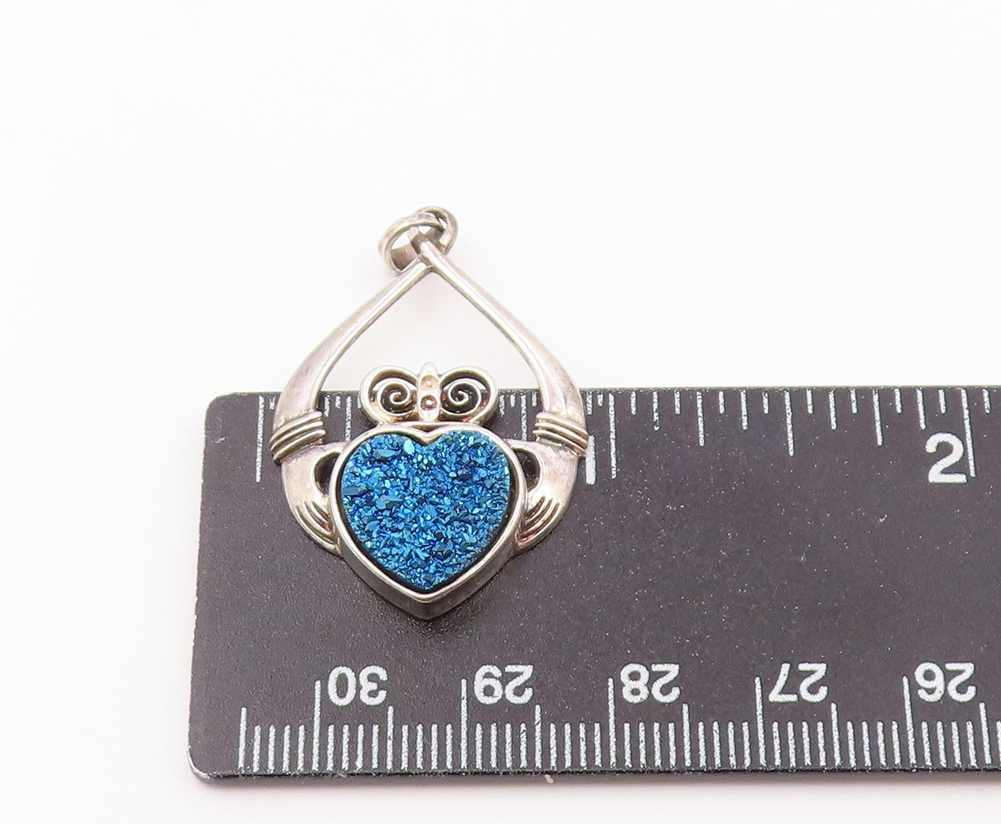 925 Sterling Silver Vintage Pendant IRELAND Drusy Quartz Claddagh Heart PT26473