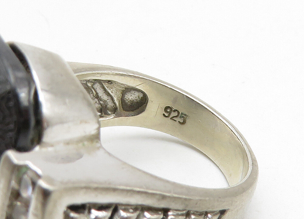 925 Sterling Silver Vintage Hematite & Topaz Cocktail Ring Sz 6 RG10471