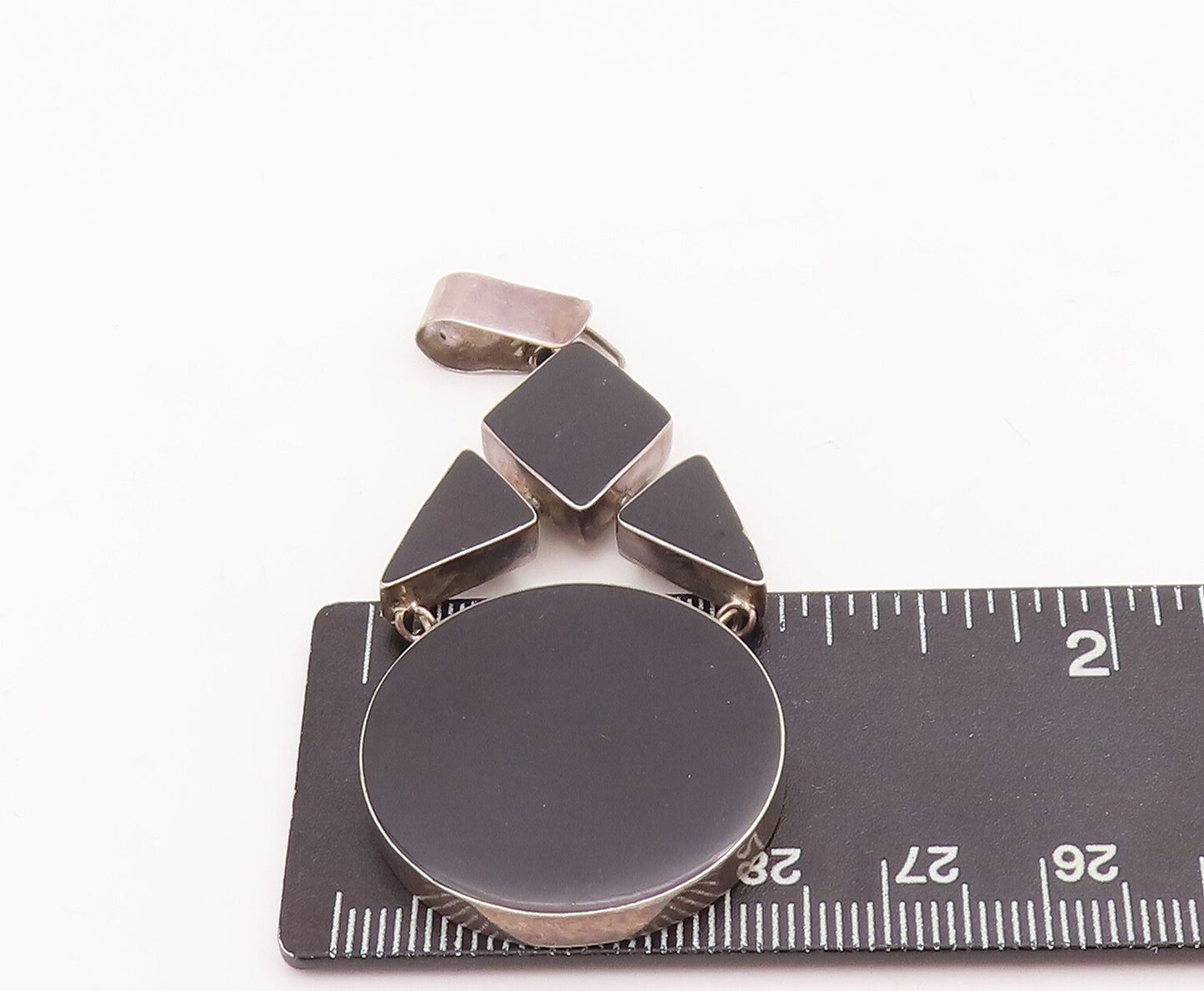 925 Sterling Silver Vintage Pendant Geometrical Shapes Cutout Inlay Onyx PT22840