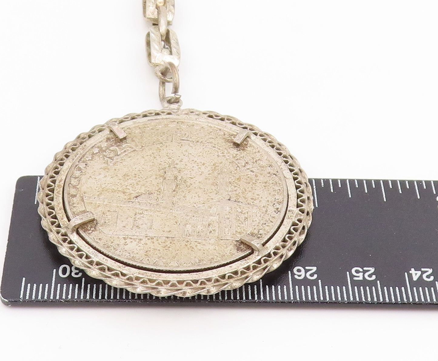 925 Sterling Silver Vintage Keychain Carved Islamic Mosque Arabian Coin TR4164