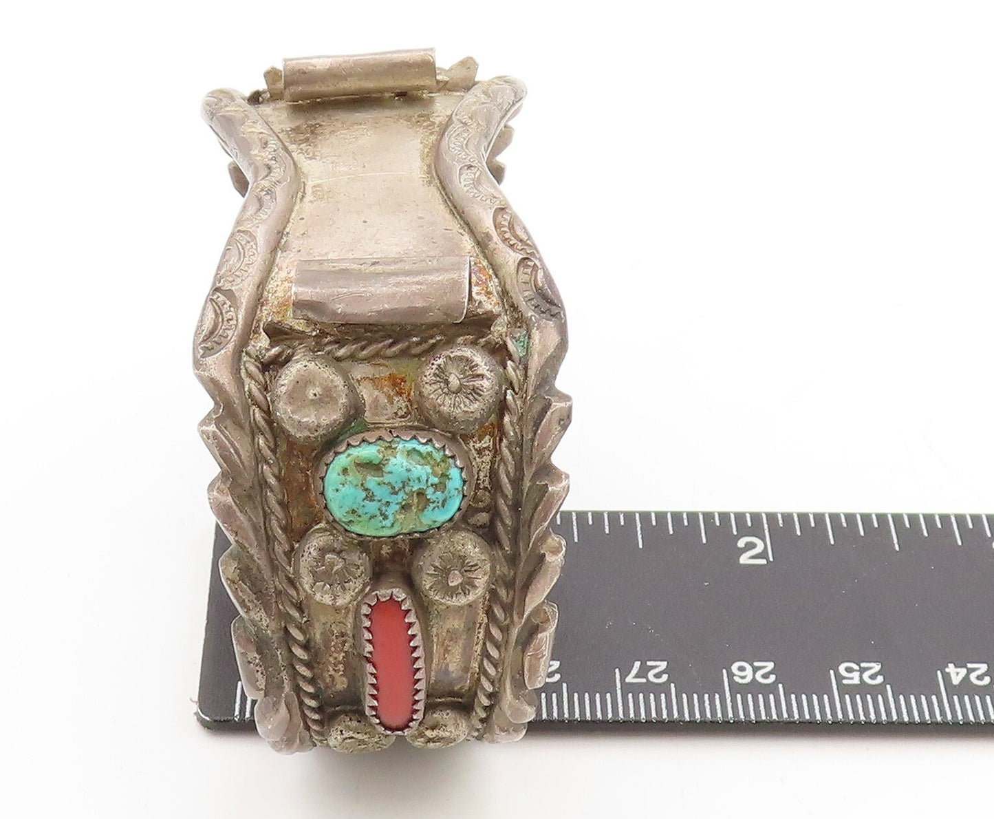 925 Sterling Silver Vintage Watch Cuff NAVAJO ZUNI Carved Turquoise TR3820