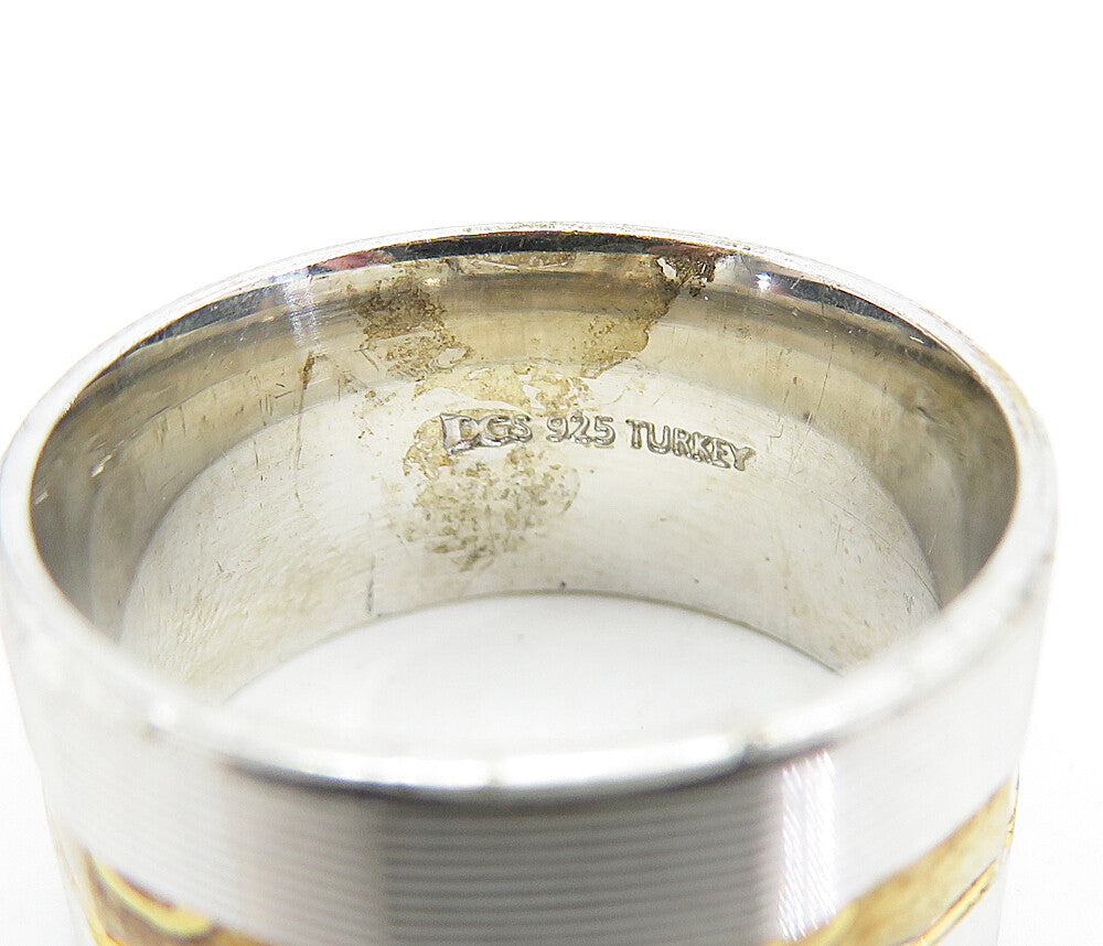 925 Sterling Silver Shiny Two Tone Etched Angled Band Ring Sz 9.5 RG5846
