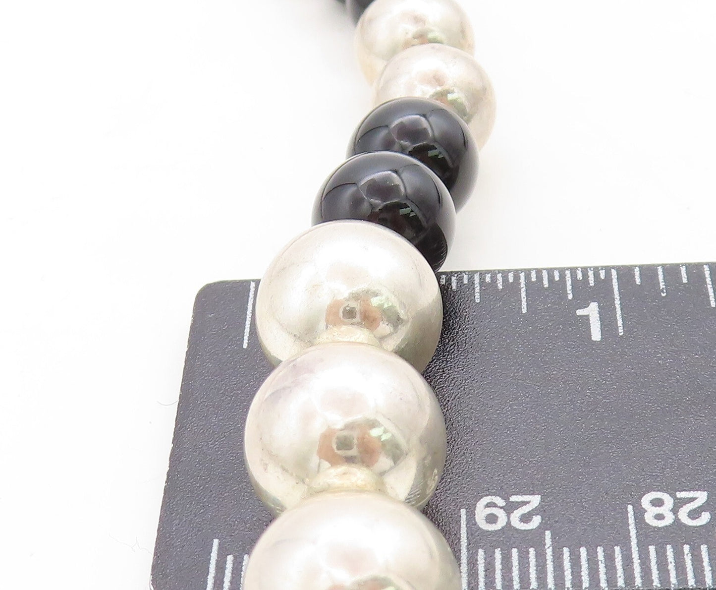925 Sterling Silver Vintage Black Onyx Shiny Ball Bead Chain Necklace NE1080