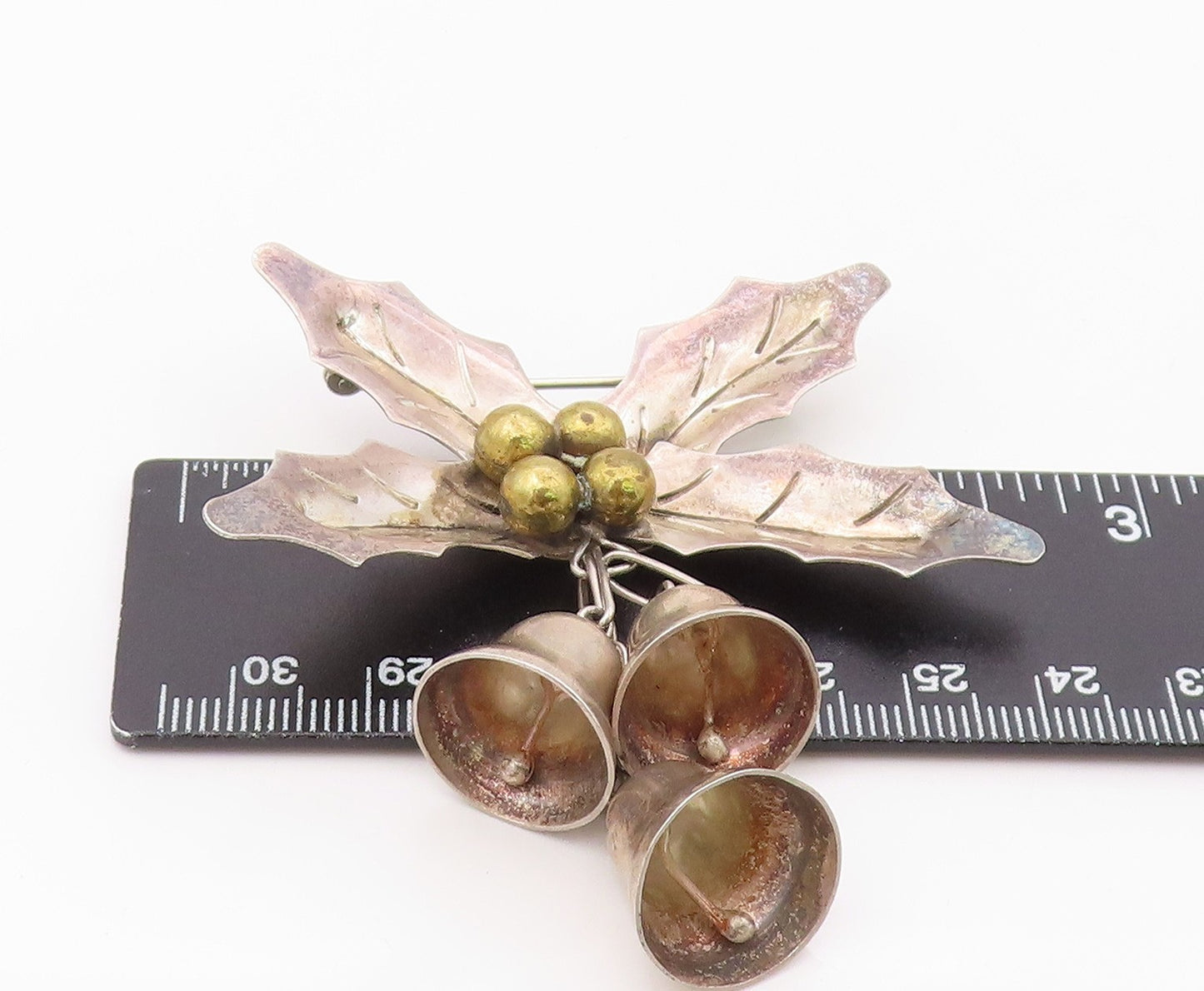 925 Sterling Silver Vintage Brooch Pin TAXCO MEXICO Bells & Holl Leaf BP12559