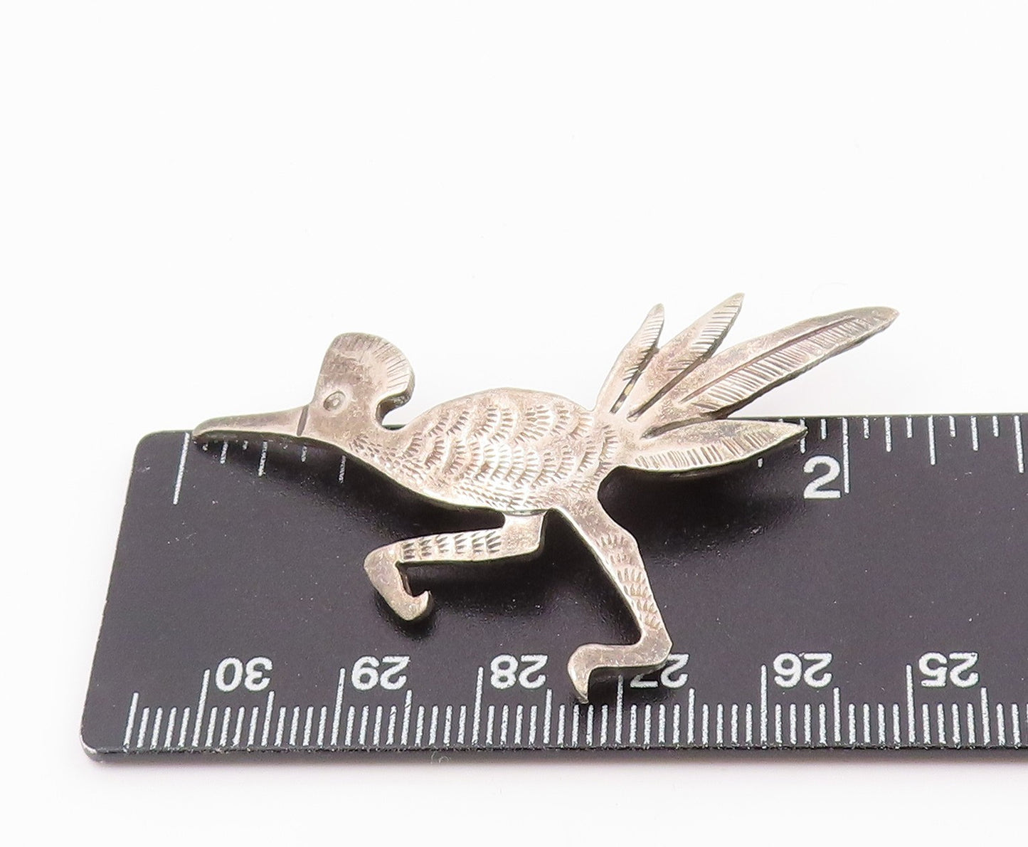 925 Sterling Silver Vintage Brooch Pin NAVAJO ZUNI Etched Roadrunner BP12344